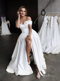 A-line Off-the-shoulder Thigh Split Satin Wedding Dress Cheap Bridal Gowns # SDL008
