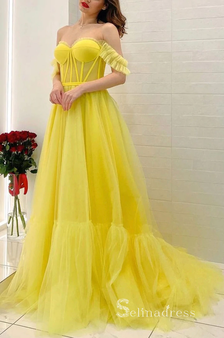 cheap long yellow dress Yellow Tulle A-line V-neck Long Prom Dresses With Belt, Evening Dresses, MP817