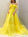 A-line Off-the-shoulder Tulle Yellow Prom Dress Long Cheap Evening Gowns POL004|Selinadress