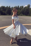A-line Off-the-shoulder White Satin Homecoming Dress Short Prom Dress RYU054|Selinadress