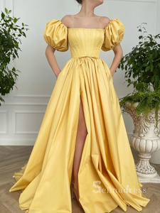 A-line Off-the-shoulder Yellow Long Prom Dress Cheap Satin Evening Dresses HLK030|Selinadress