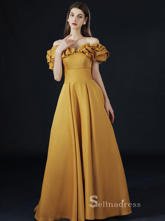 A-line Off-the-shoulder Yellow Long Prom Dress Simple Satin Evening Dresses GKF016|Selinadress