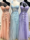 A-line One Shoulder Floral Long Prom Dress Cheap Tulle Formal Dresses Evening Dress KPY065|Selinadress