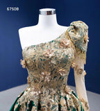 A-line One Shoulder Green Long Prom Dress Applique Evening Gowns RSM67508
