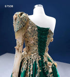 A-line One Shoulder Green Long Prom Dress Applique Evening Gowns RSM67508