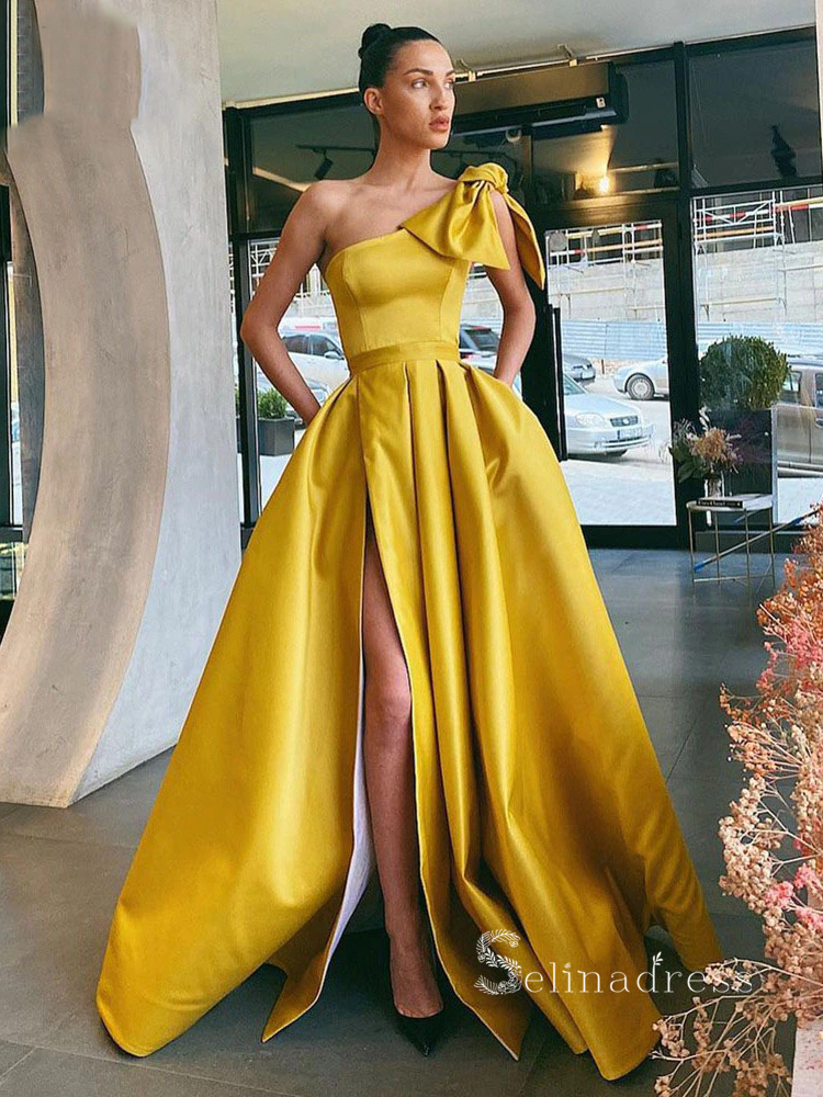A-line One Shoulder Long Prom Dress With Bow Thigh Split Satin Evening SELINADRESS A-line One Shoulder Long Prom Dress With Bow Thigh Split Satin Evening SELINADRESS