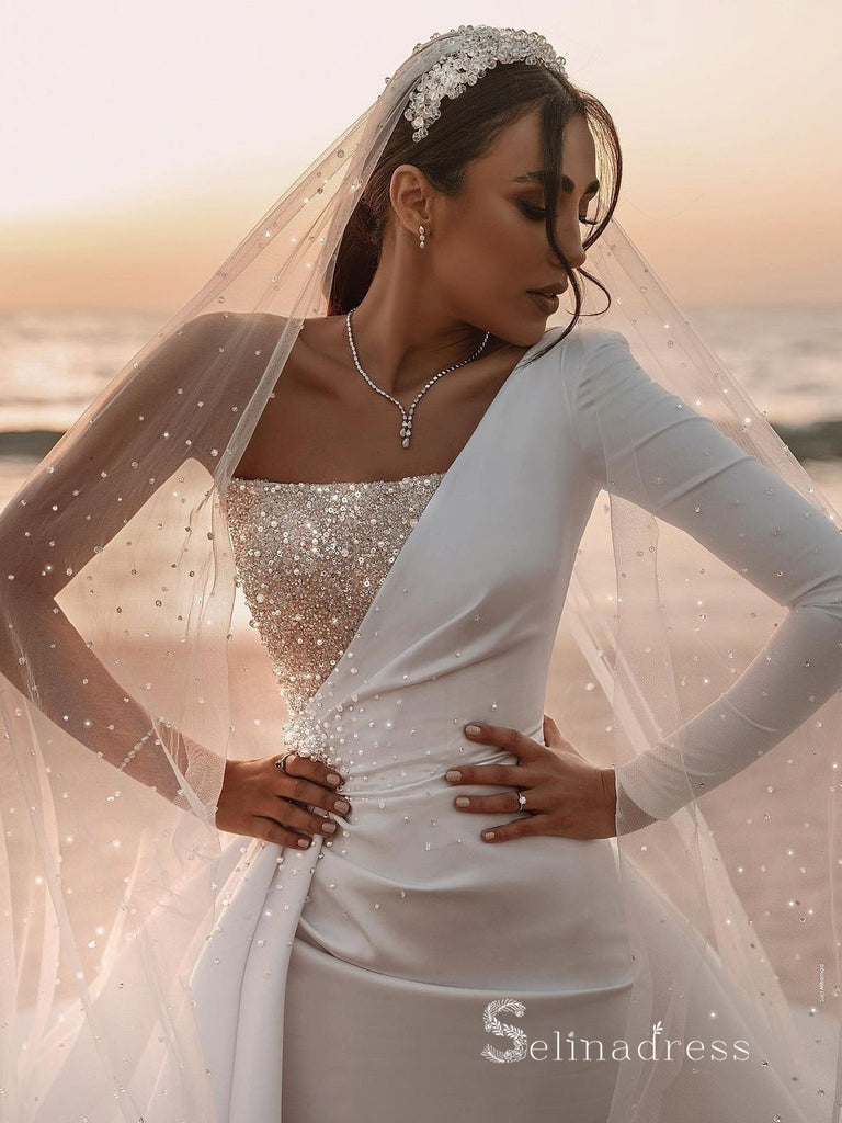 A-line One Shoulder Long Sleeve Sparkly Rustic Wedding Dresses Satin B –  SELINADRESS