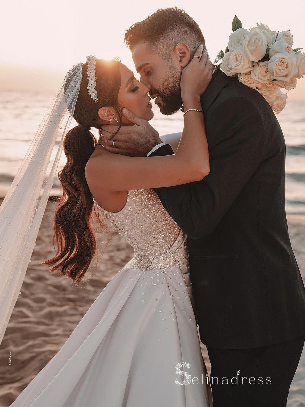 satin sparkly wedding dress A-line One Shoulder Long Sleeve Sparkly Rustic Wedding Dresses Satin B SELINADRESS