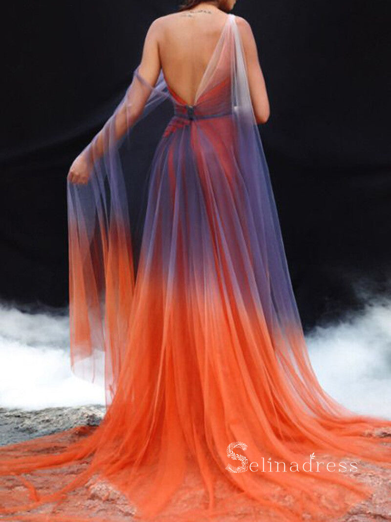 A-line One Shoulder Ombre Long Prom Dress Thigh Split Tulle Evening Dr SELINADRESS A-line One Shoulder Ombre Long Prom Dress Thigh Split Tulle Evening Dr SELINADRESS