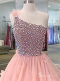 A-line One Shoulder Peach Beaded Flouncing Long Prom Dresses Formal Gowns SDL011