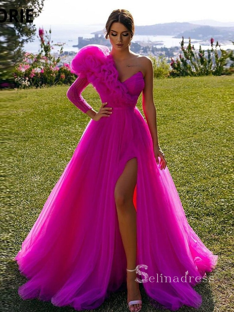 A-line One Shoulder Puff Sleeve Long Prom Dress Fuchsia Tulle Evening SELINADRESS A-line One Shoulder Puff Sleeve Long Prom Dress Fuchsia Tulle Evening SELINADRESS