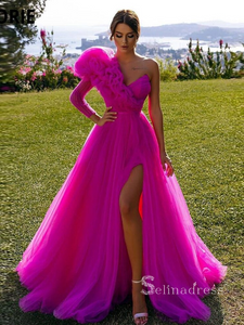 A-line One Shoulder Puff Sleeve Long Prom Dress Fuchsia Tulle Evening Dresses HLK026|Selinadress