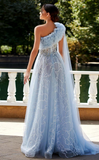 A-line One Shoulder Sequins Prom Dress Tulle Light Sky Blue Evening Gowns #POL056|Selinadress