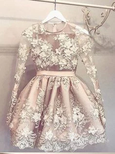 A-Line  Pearl Pink Cute Homecoming Dress Long Sleeve Short Prom Dresses #MHL056|Selinadress