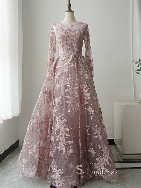 A-line Pink Embroidery Lace Long Sleeve Luxury Prom Dresses Evening Dresses ASB013|Selinadress