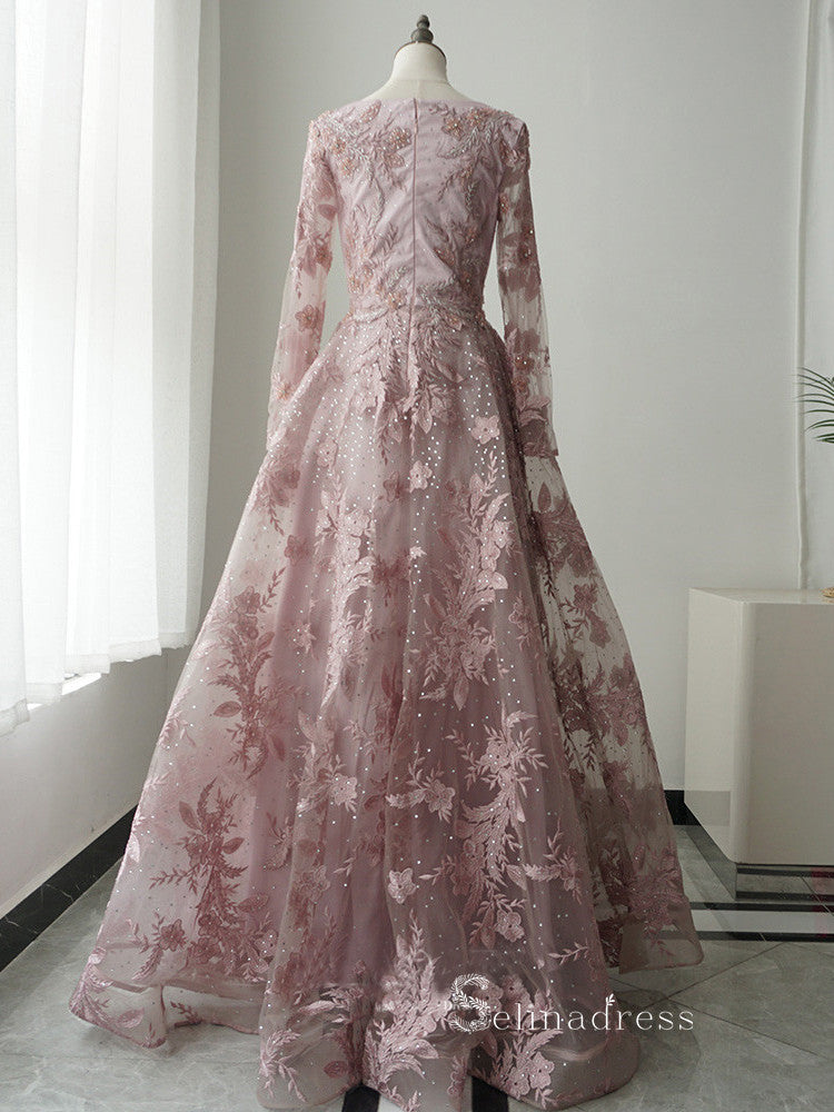 A-line Pink Embroidery Lace Long Sleeve Luxury Prom Dresses Evening Dresses ASB013 A-line Pink Embroidery Lace Long Sleeve Luxury Prom Dresses Evening Dresses ASB013