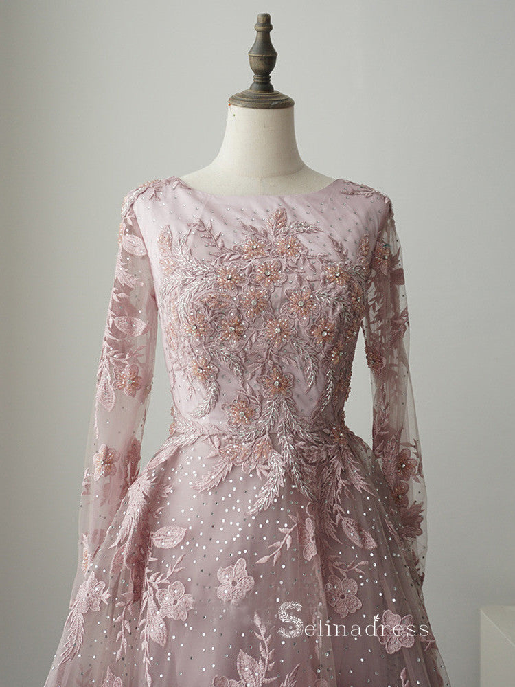 A-line Pink Embroidery Lace Long Sleeve Luxury Prom Dresses Evening Dresses ASB013 A-line Pink Embroidery Lace Long Sleeve Luxury Prom Dresses Evening Dresses ASB013