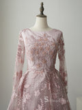 A-line Pink Embroidery Lace Long Sleeve Luxury Prom Dresses Evening Dresses ASB013|Selinadress