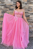 A-line Pink Floral Lace Sweetheart Lace-up Back Shiny Prom Gown #QWE007|Selinadress