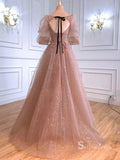 A-line Pink Long Princess Prom Dresses Sparkly Evening Gowns Formal Dress SC018