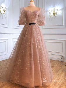 A-line Pink Long Princess Prom Dresses Sparkly Evening Gowns Formal Dress SC018