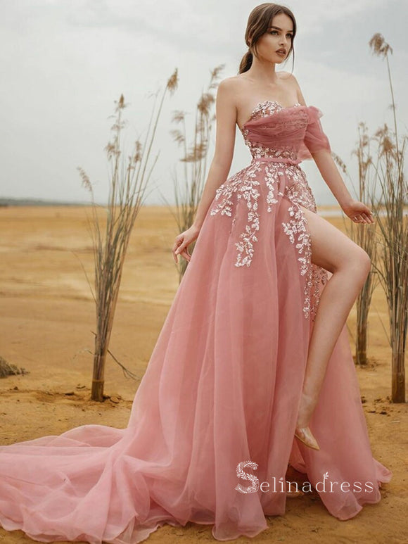 A-line Pink Long Prom Dress With Thigh Split Tulle Evening Dresses HLK007|Selinadress