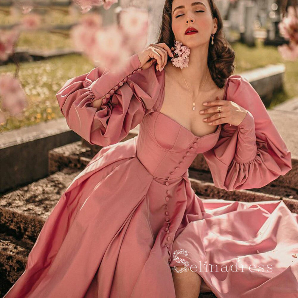 A-line Pink Long Sleeve Prom Dress With Thigh Split Satin Evening Dres SELINADRESS A-line Pink Long Sleeve Prom Dress With Thigh Split Satin Evening Dres SELINADRESS