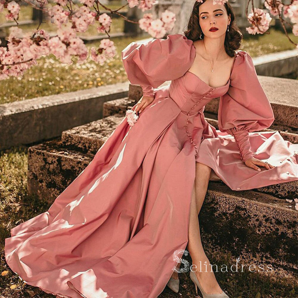 long sleeve long pink dress A-line Pink Long Sleeve Prom Dress With Thigh Split Satin Evening Dres – SELINADRESS