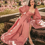 A-line Pink Long Sleeve Prom Dress With Thigh Split Satin Evening Dresses HLK006|Selinadress