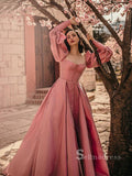 A-line Pink Long Sleeve Prom Dress With Thigh Split Satin Evening Dresses HLK006|Selinadress