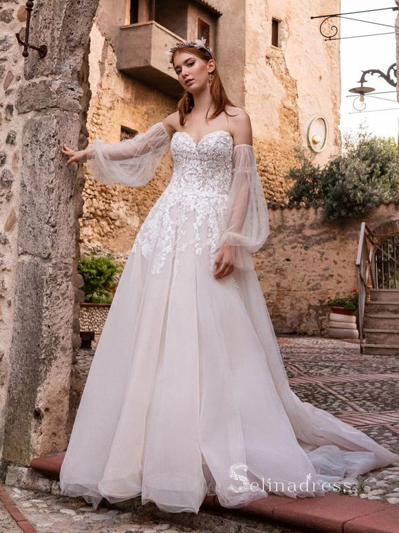A-line Romantic Long Sleeve Wedding Dress Boho Lace Bridal Dresses RYU023|Selinadress