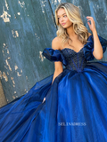 A-line Royal Blue Prom Dress With Puff Sleeve Elegant Beaded Evening Dress Formal Dress #JKP017|Selinadress