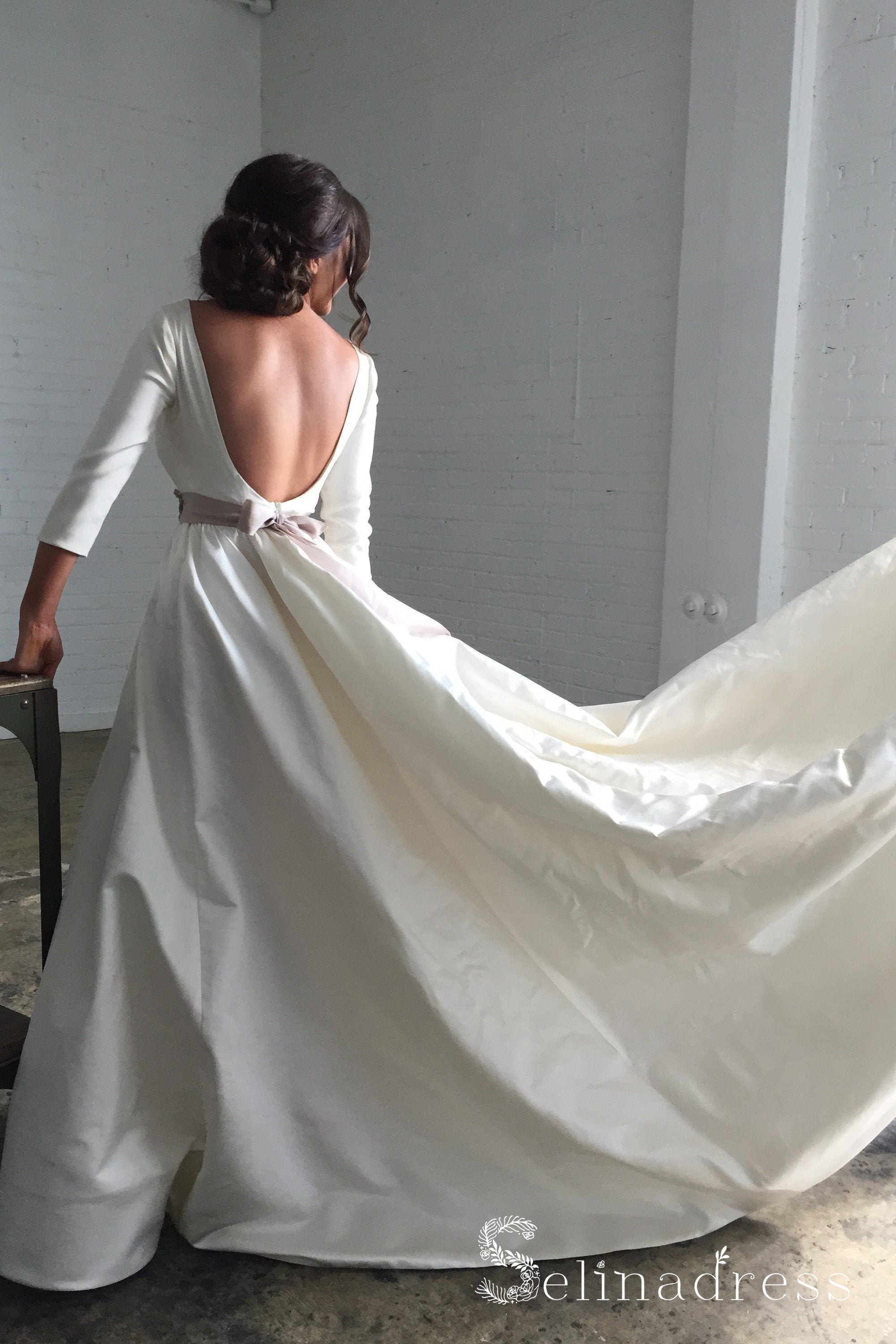 A-line Scoop 3/4 Sleeve Backless Satin Wedding Dresses With Belt Brida SELINADRESS A-line Scoop 3/4 Sleeve Backless Satin Wedding Dresses With Belt Brida SELINADRESS