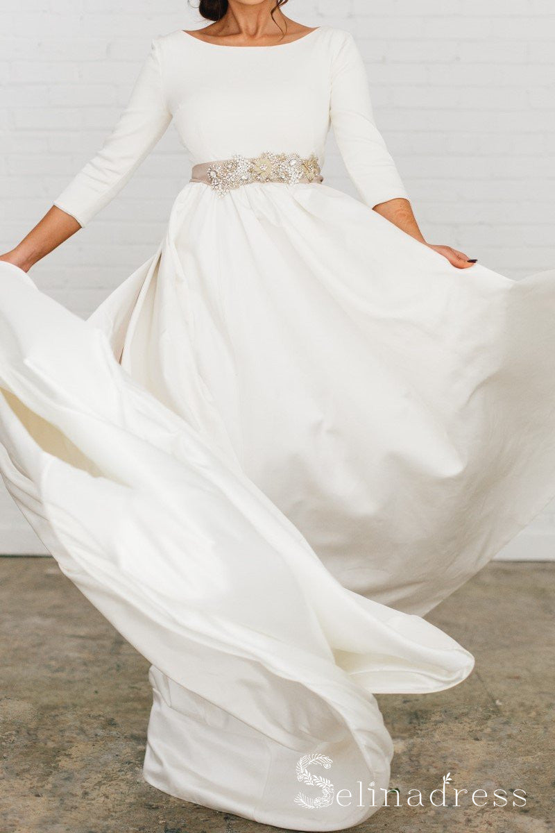 A-line Scoop 3/4 Sleeve Backless Satin Wedding Dresses With Belt Brida SELINADRESS A-line Scoop 3/4 Sleeve Backless Satin Wedding Dresses With Belt Brida SELINADRESS