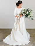 A-line Scoop 3/4 Sleeve Backless Satin Wedding Dresses With Belt Bridal Dress SEW062