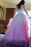 A-line Scoop Beautiful Long Sleeve Wedding Dresses Ombre Pink Bridal Dresses JKW215|Selinadress