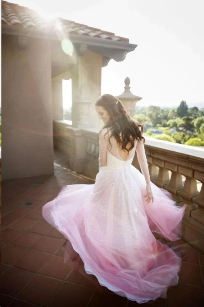 A-line Scoop Beautiful Long Sleeve Wedding Dresses Ombre Pink Bridal D – SELINADRESS