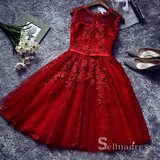 A-Line Scoop Burgundy Applique Lace Short Prom Dress Homecoming Dress MHL051|Selinadress