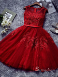 A-Line Scoop Burgundy Applique Lace Short Prom Dress Homecoming Dress MHL051|Selinadress