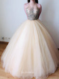 A-line Scoop Champagne Long Prom Dress Applique Beautiful Princess Dress Evening Dress #POL127|Selinadress