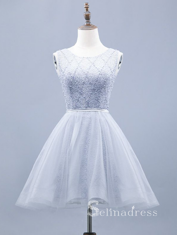 A-line Scoop Gray Cheap Short Prom Dress Beaded Homecoming Dresses #MHL134|Selinadress、