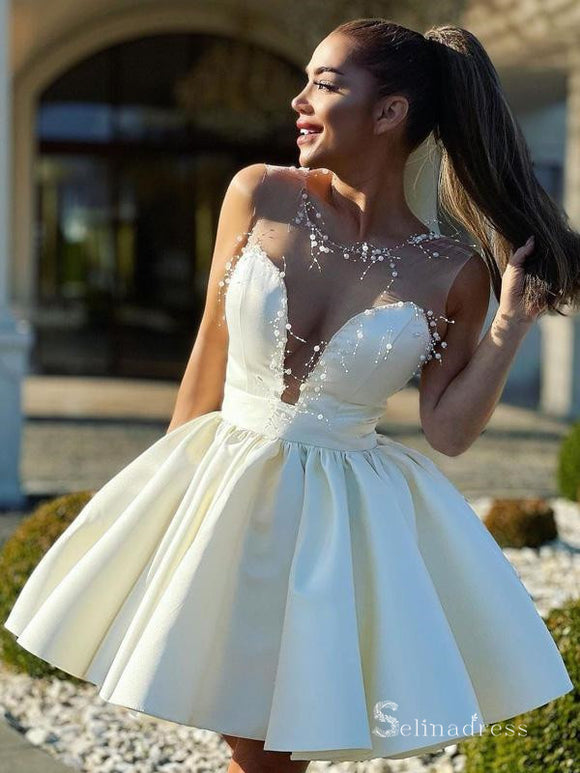 A-line Scoop Ivory See Through Beaded Short Prom Dress Homecoming Dresses #MHL2889|Selinadress