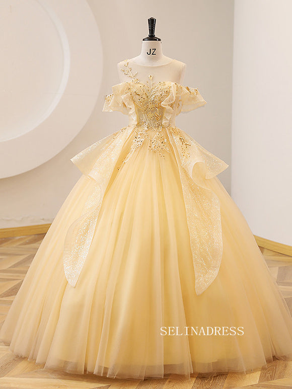 A-line Scoop Lace Long Prom Dress Ball Gown Yellow Princess Quinceanera YUU001|Selinadress