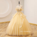 A-line Scoop Lace Long Prom Dress Ball Gown Yellow Princess Quinceanera YUU001|Selinadress