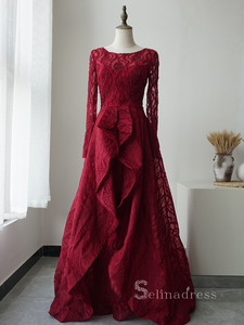 A-line Scoop Long Sleeve Elegant Long Prom Dress luxurious Burgundy Evening Gowns ASB008|Selinadress