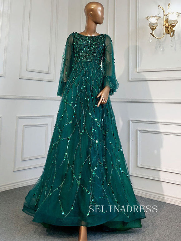 A-line Scoop Long Sleeve Green Long Prom Dress Sparkly Evening Gowns hlks016|Selinadress