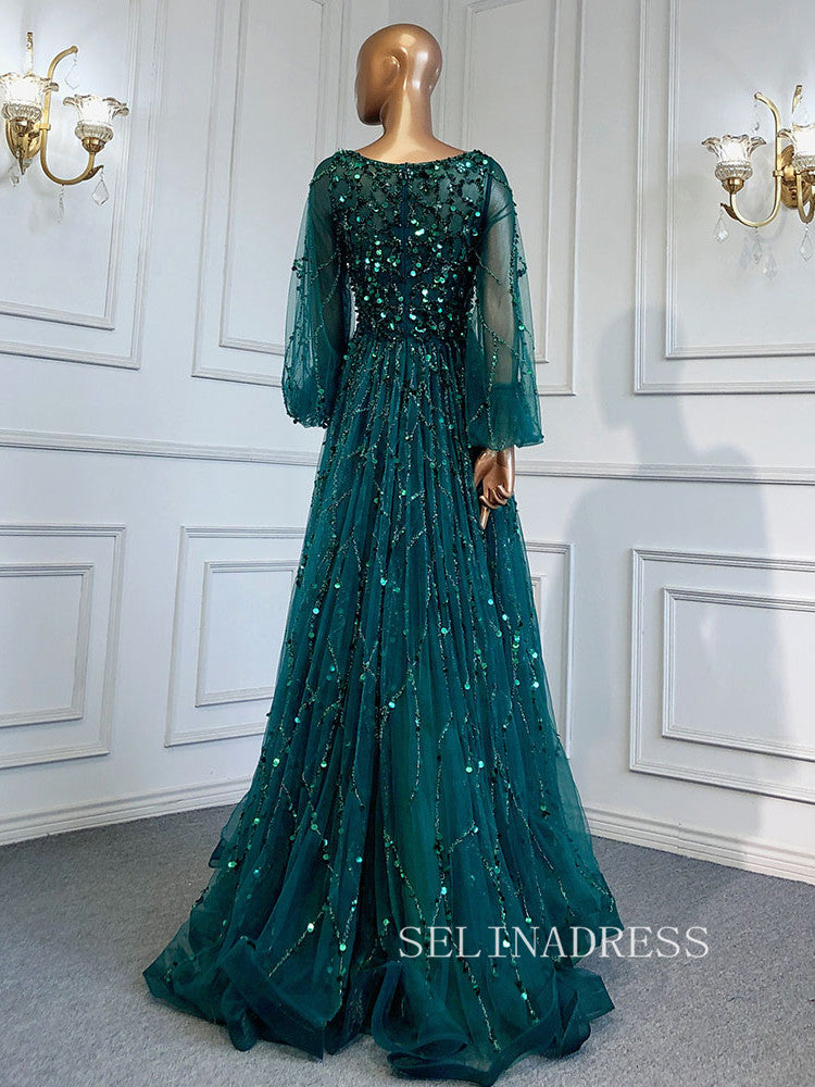A-line Scoop Long Sleeve Green Long Prom Dress Sparkly Evening Gowns h SELINADRESS A-line Scoop Long Sleeve Green Long Prom Dress Sparkly Evening Gowns h SELINADRESS