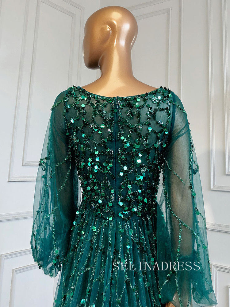 A-line Scoop Long Sleeve Green Long Prom Dress Sparkly Evening Gowns h SELINADRESS A-line Scoop Long Sleeve Green Long Prom Dress Sparkly Evening Gowns h SELINADRESS
