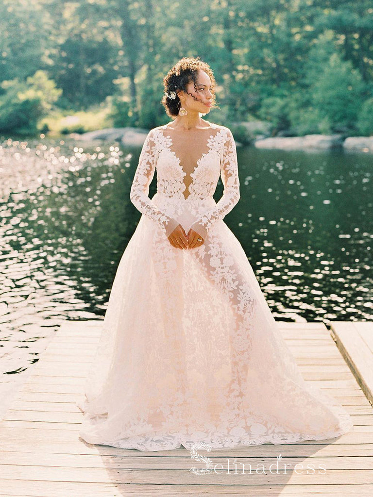 A-line Scoop Long Sleeve Lace Wedding Dresses Open Back Rustic Forest Bridal Gowns CBD356 A-line Scoop Long Sleeve Lace Wedding Dresses Open Back Rustic Forest Bridal Gowns CBD356