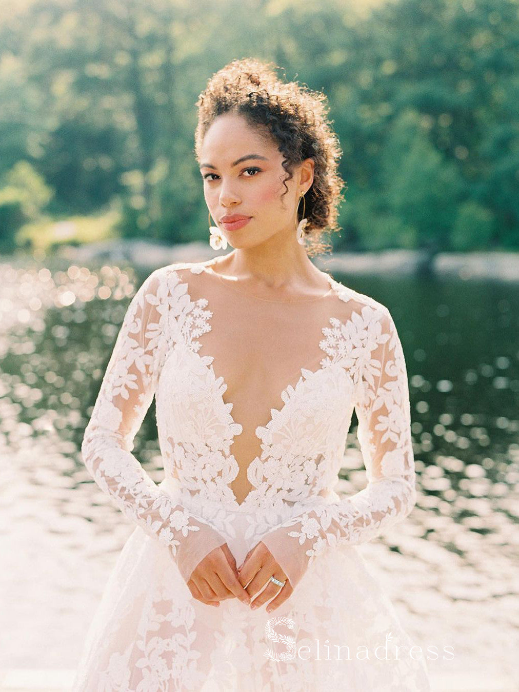 long sleeve lace wedding dress open back A-line Scoop Long Sleeve Lace Wedding Dresses Open Back Rustic Forest – SELINADRESS